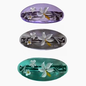 Vintage Lucite Reversed Floral Barrette Trio